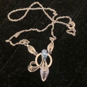 925 Sterling Silver Vintage J. Esposito Rhinestone Filigree Chain Necklace 16"